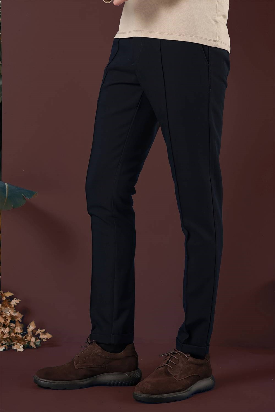Slim Fit Beli Lastikli Önden Pens Detaylı Esnek Pamuklu Lacivert Pantolon P 1130