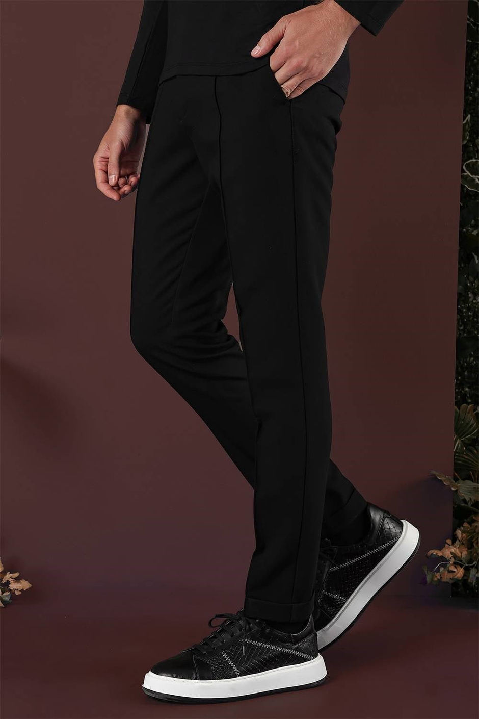 Slim Fit Beli Lastikli Önden Pens Detaylı Esnek Pamuklu Siyah Pantolon P 1130