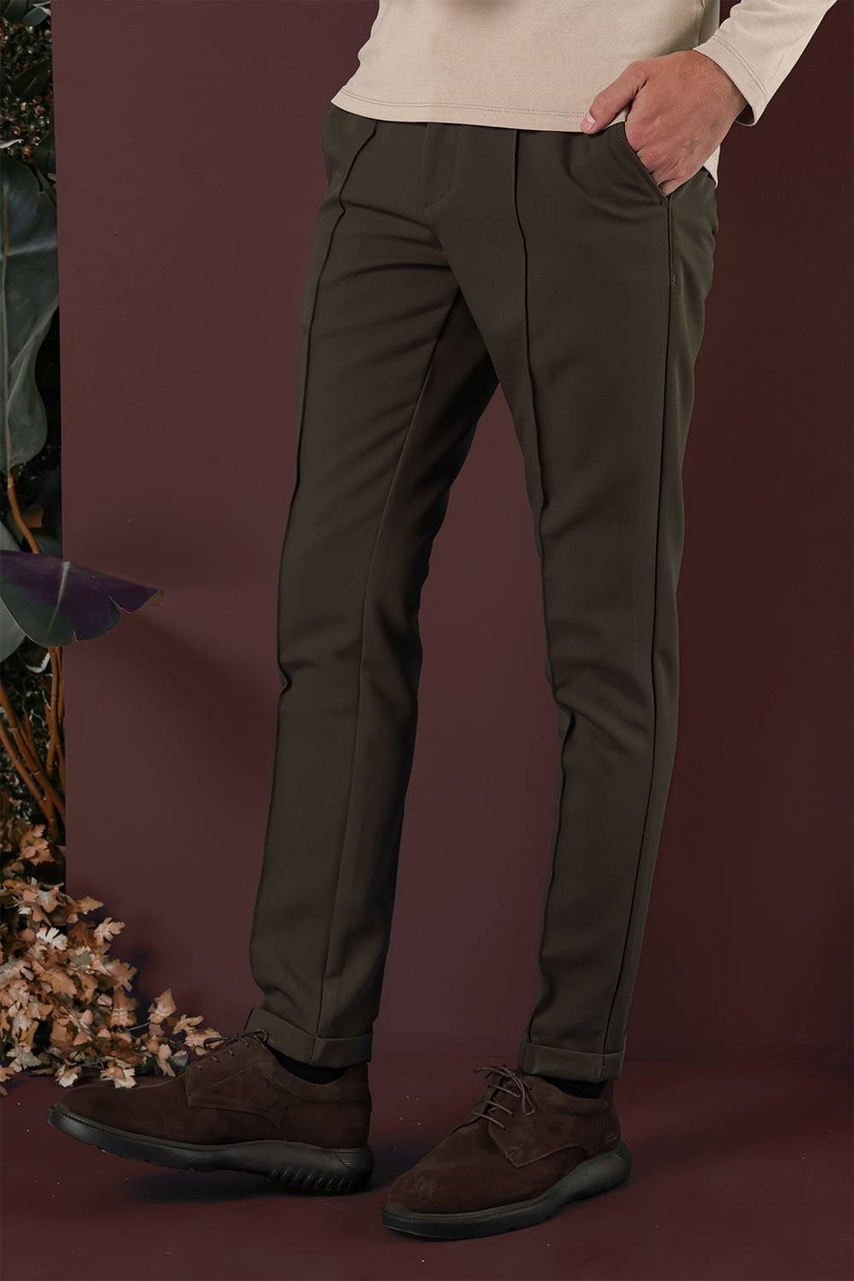 Slim Fit Beli Lastikli Önden Pens Detaylı Esnek Pamuklu Haki Pantolon P 1130