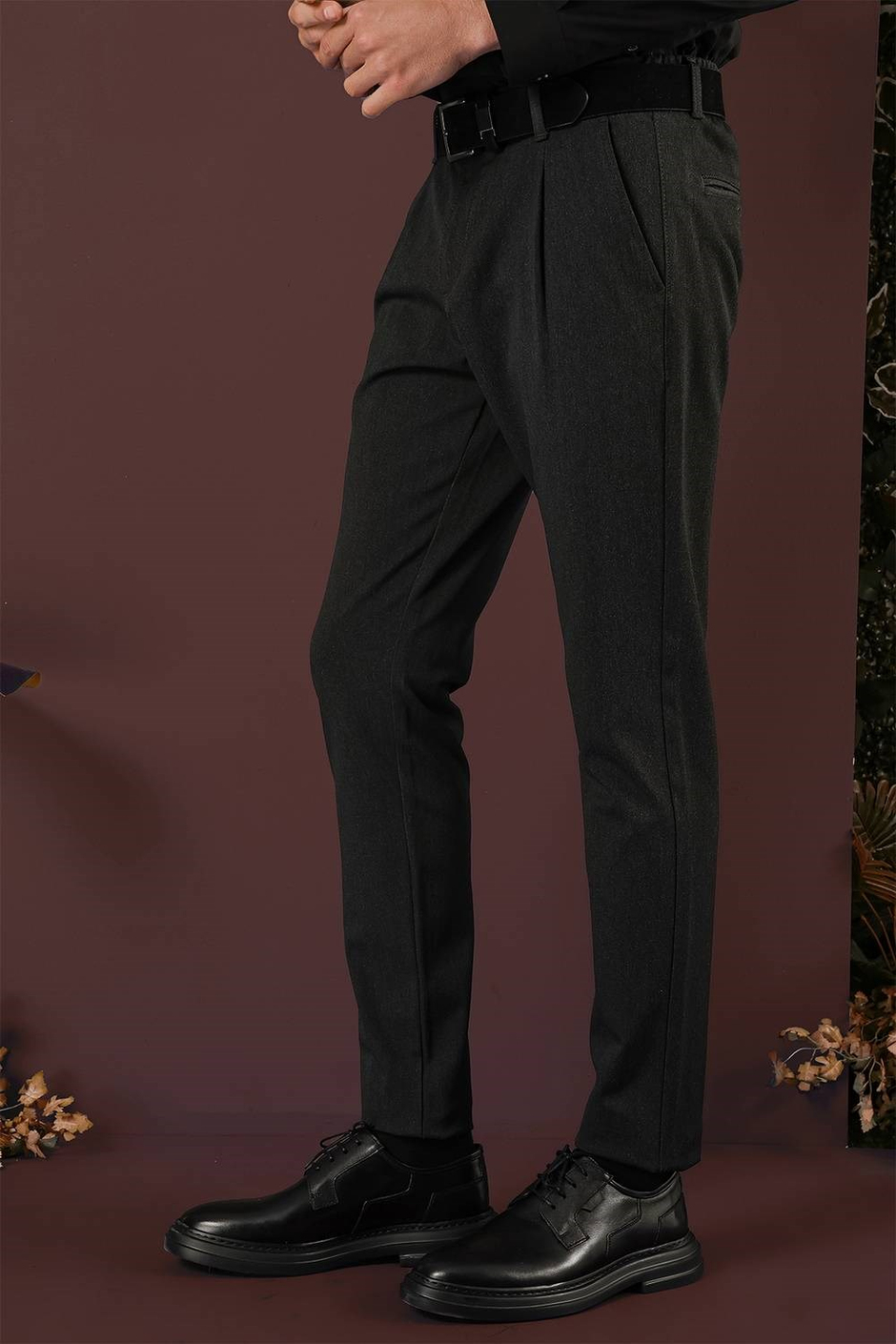 Slim Fit Beli Lastikli Pileli Esnek Yünlü Antrasit Pantolon P 1131