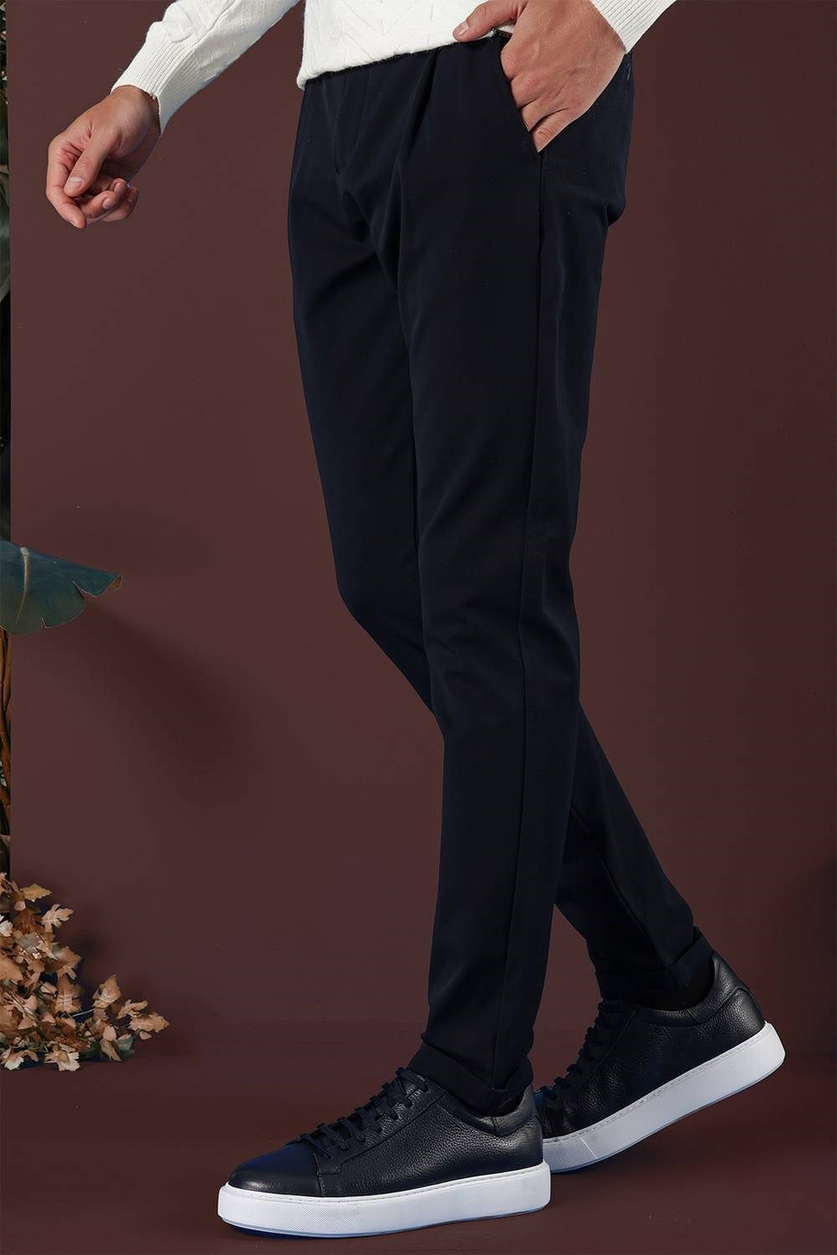 Slim Fit Beli Lastikli Pileli Esnek Yünlü Lacivert Pantolon P 1131