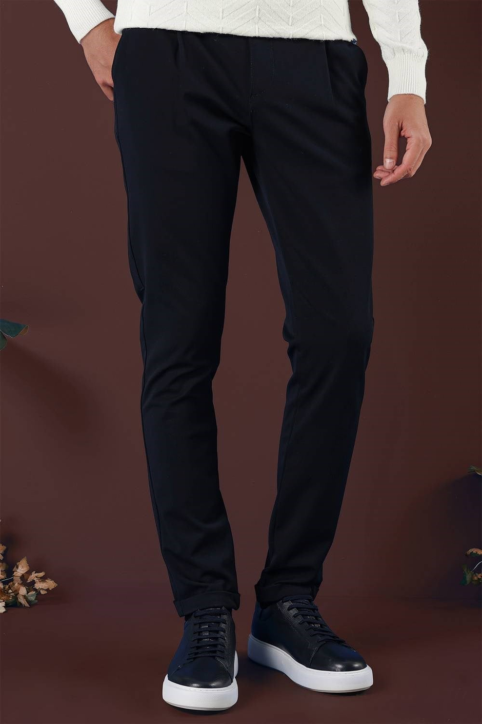 Slim Fit Beli Lastikli Pileli Esnek Yünlü Lacivert Pantolon P 1131
