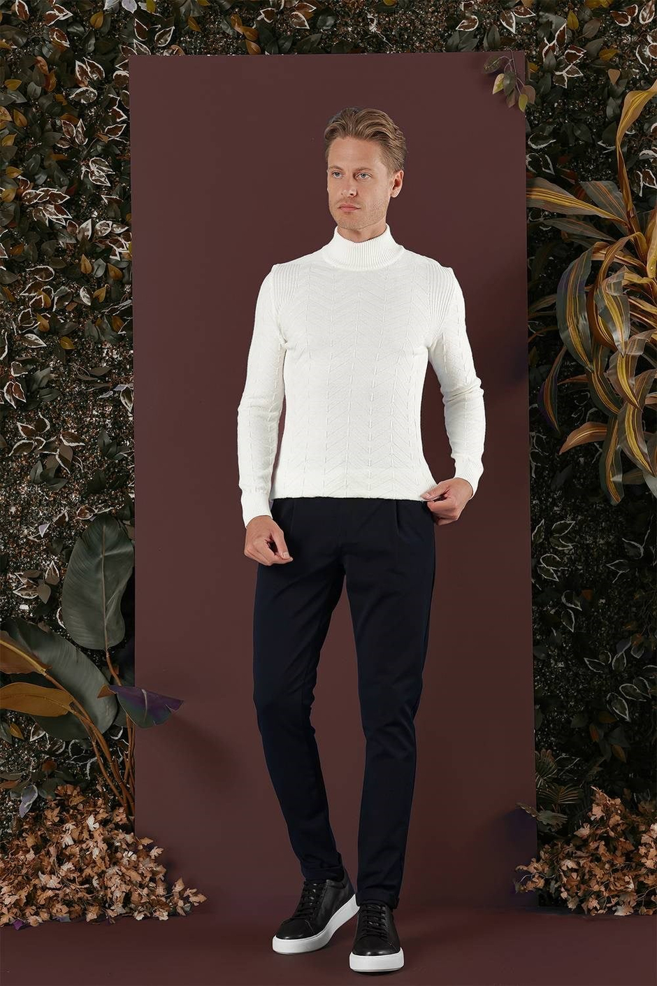 Slim Fit Beli Lastikli Pileli Esnek Yünlü Lacivert Pantolon P 1131