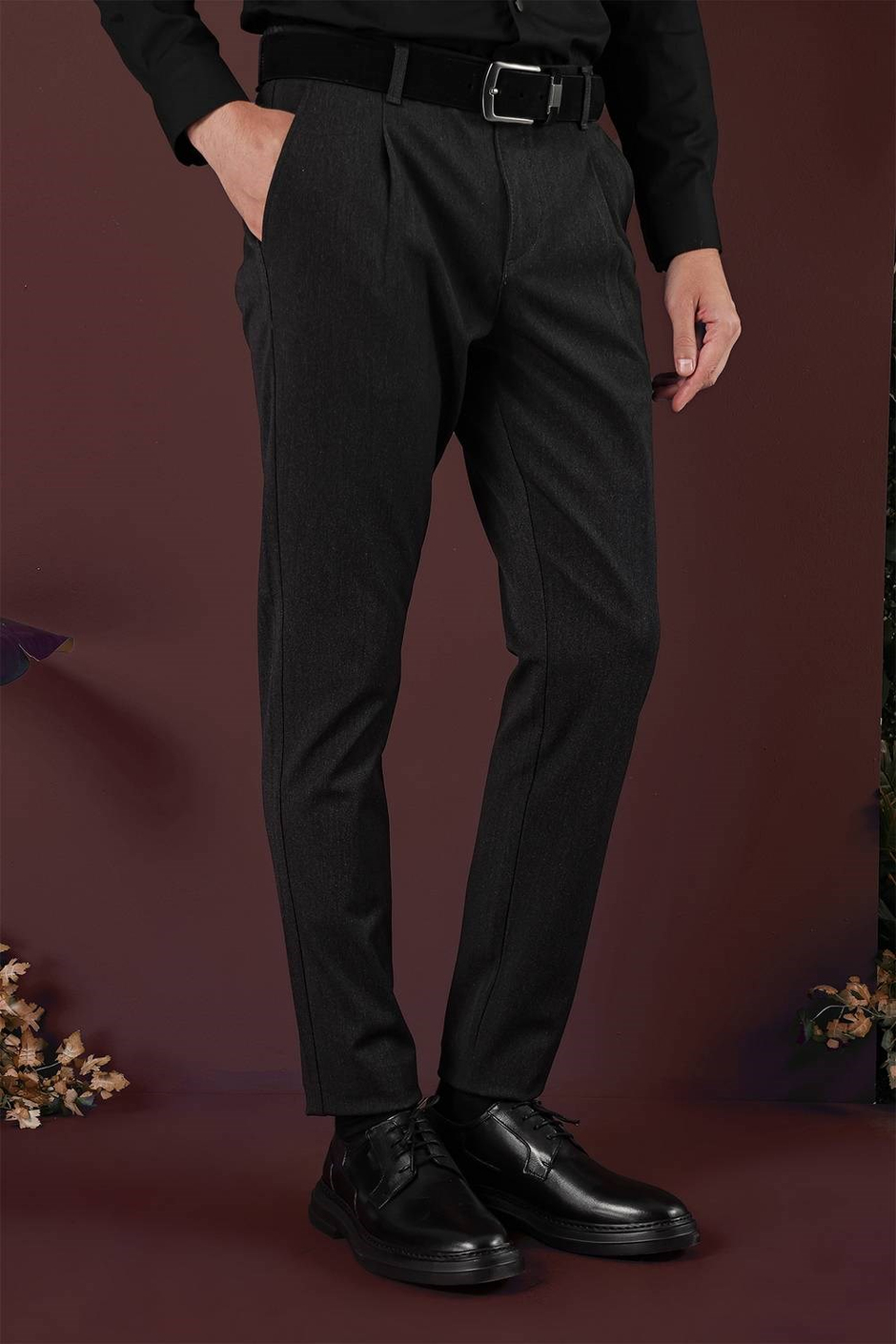 Slim Fit Beli Lastikli Pileli Esnek Yünlü Antrasit Pantolon P 1131