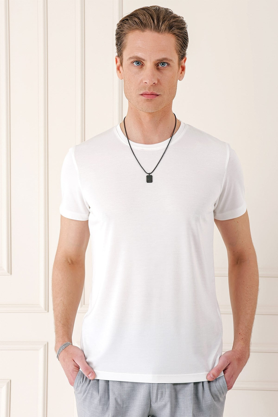 Slim Fit Bisiklet Yaka %100 Pamuk Ekru Tişört Ts 878