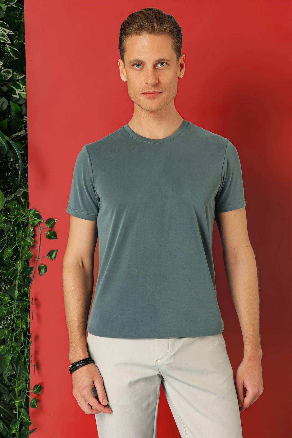 Slim Fit Bisiklet Yaka %100 Pamuk Gri Tişört Ts 878