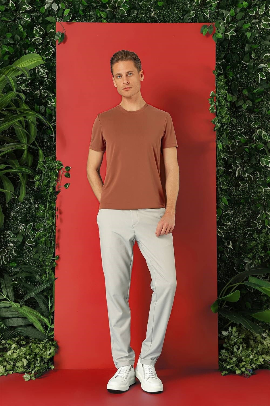 Slim Fit Bisiklet Yaka %100 Pamuk Kiremit Tişört Ts 878