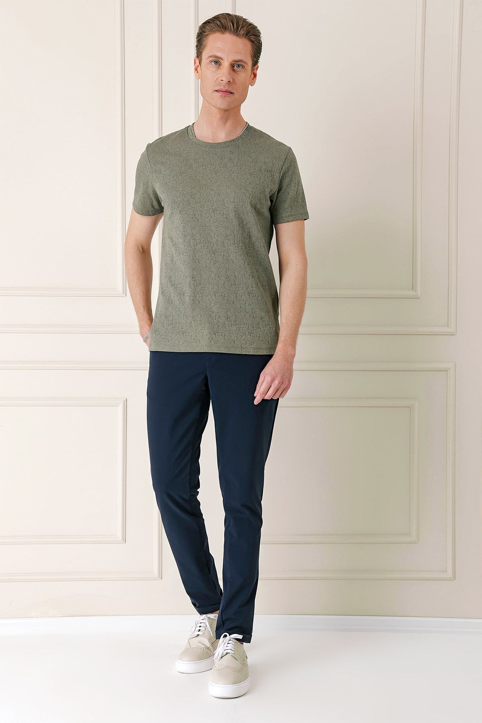 Slim Fit Bisiklet Yaka %100 Pamuk Sıva Dokuma Pamuklu Haki Tişört TS 882
