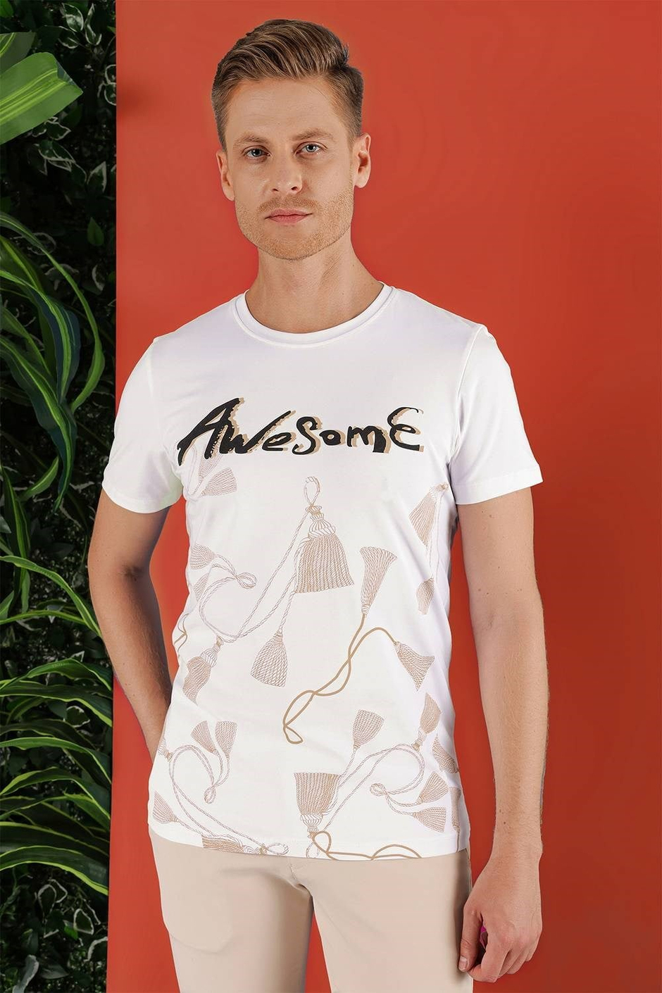 Slim Fit Bisiklet Yaka Baskılı Pamuklu Beyaz Tişört TS 856