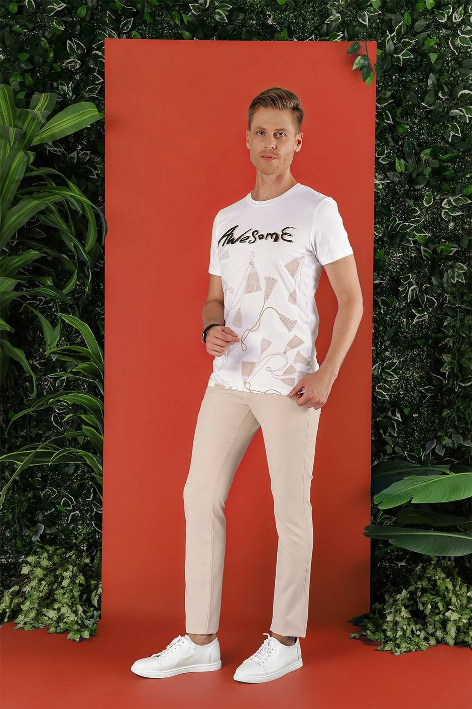 Slim Fit Bisiklet Yaka Baskılı Pamuklu Beyaz Tişört TS 856