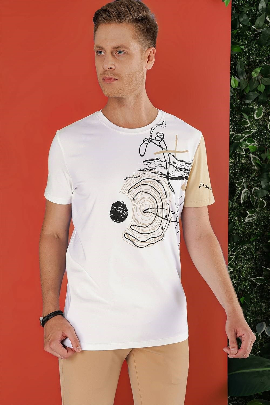 Slim Fit Bisiklet Yaka Baskılı Pamuklu Beyaz Tişört TS 858