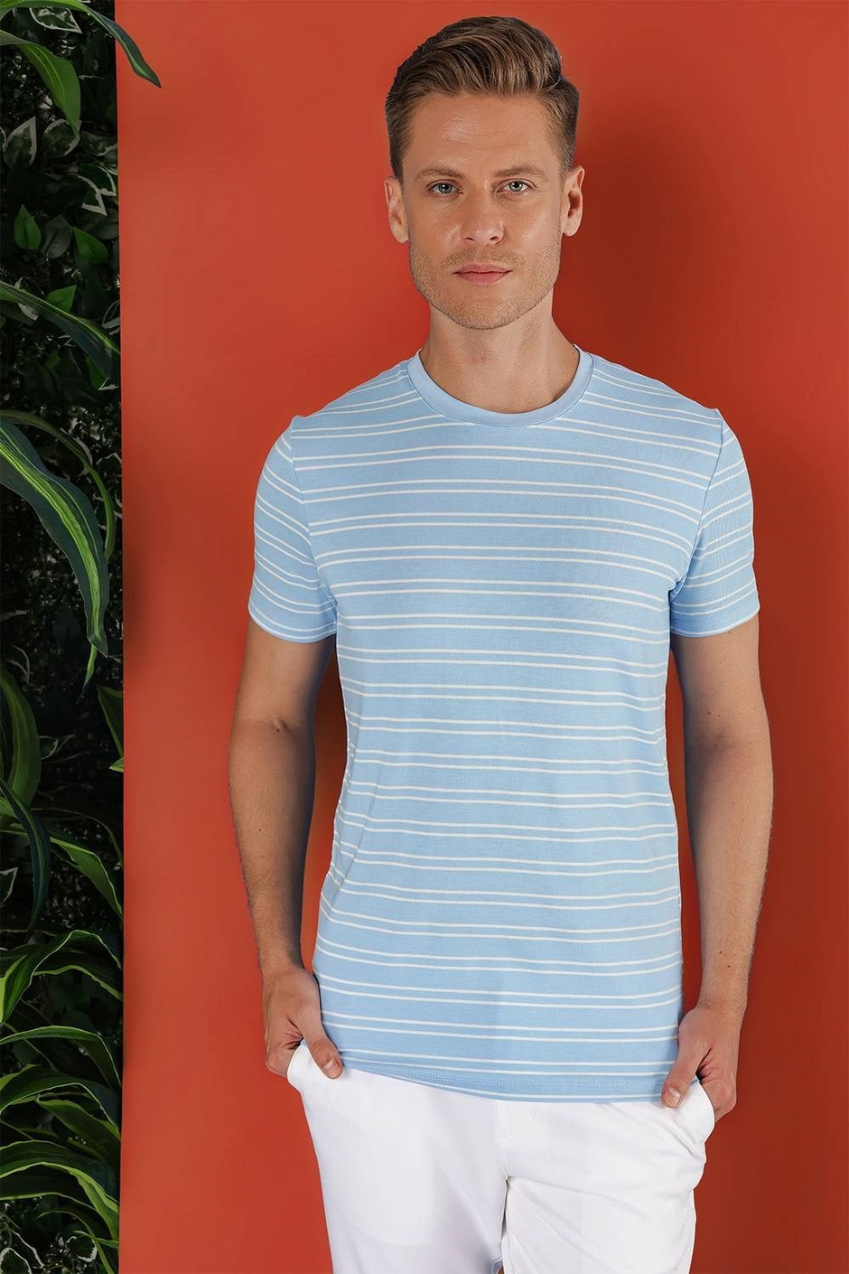 Slim Fit Bisiklet Yaka Çizgili Pamuklu Mavi Tişört TS 851