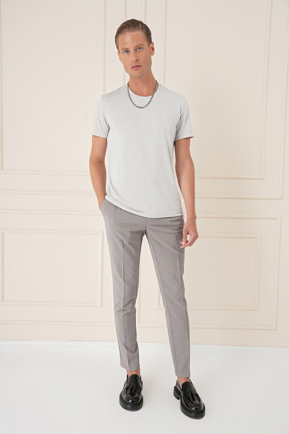 Slim Fit Bisiklet Yaka Doku Desenli Pamuklu Açık Gri Tişört Ts 881