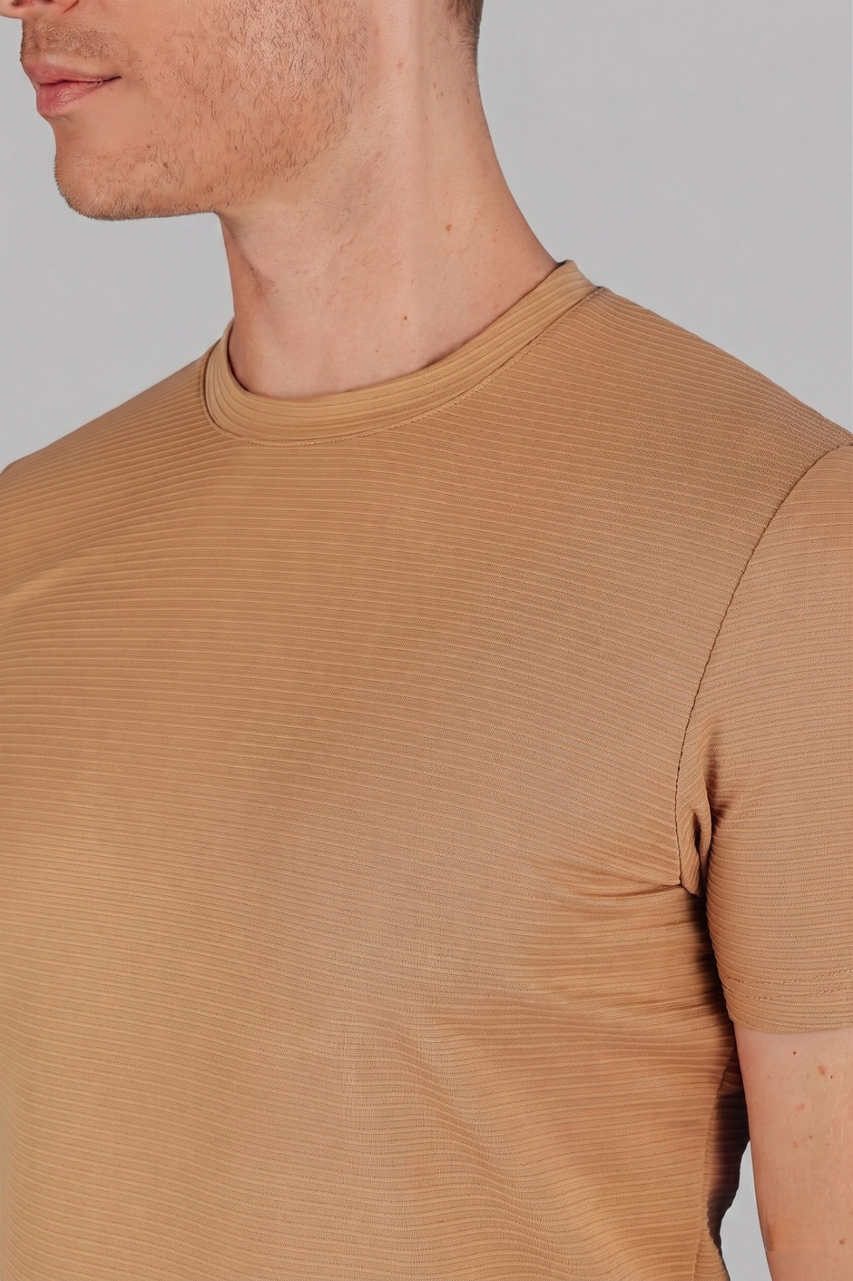Slim Fit Bisiklet Yaka Doku Desenli Pamuklu Bej Tişört TS 852