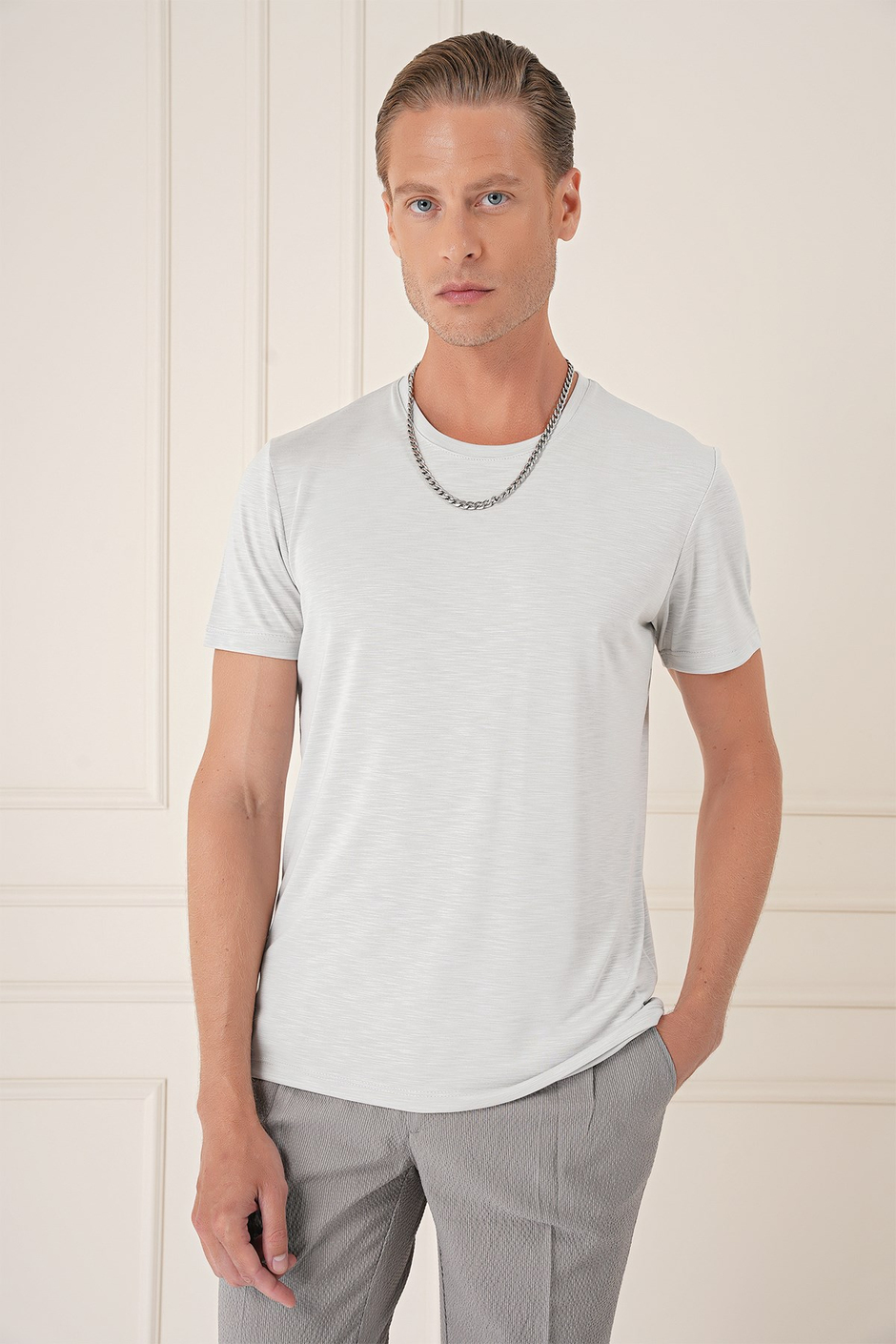 Slim Fit Bisiklet Yaka Doku Desenli Pamuklu Açık Gri Tişört Ts 881