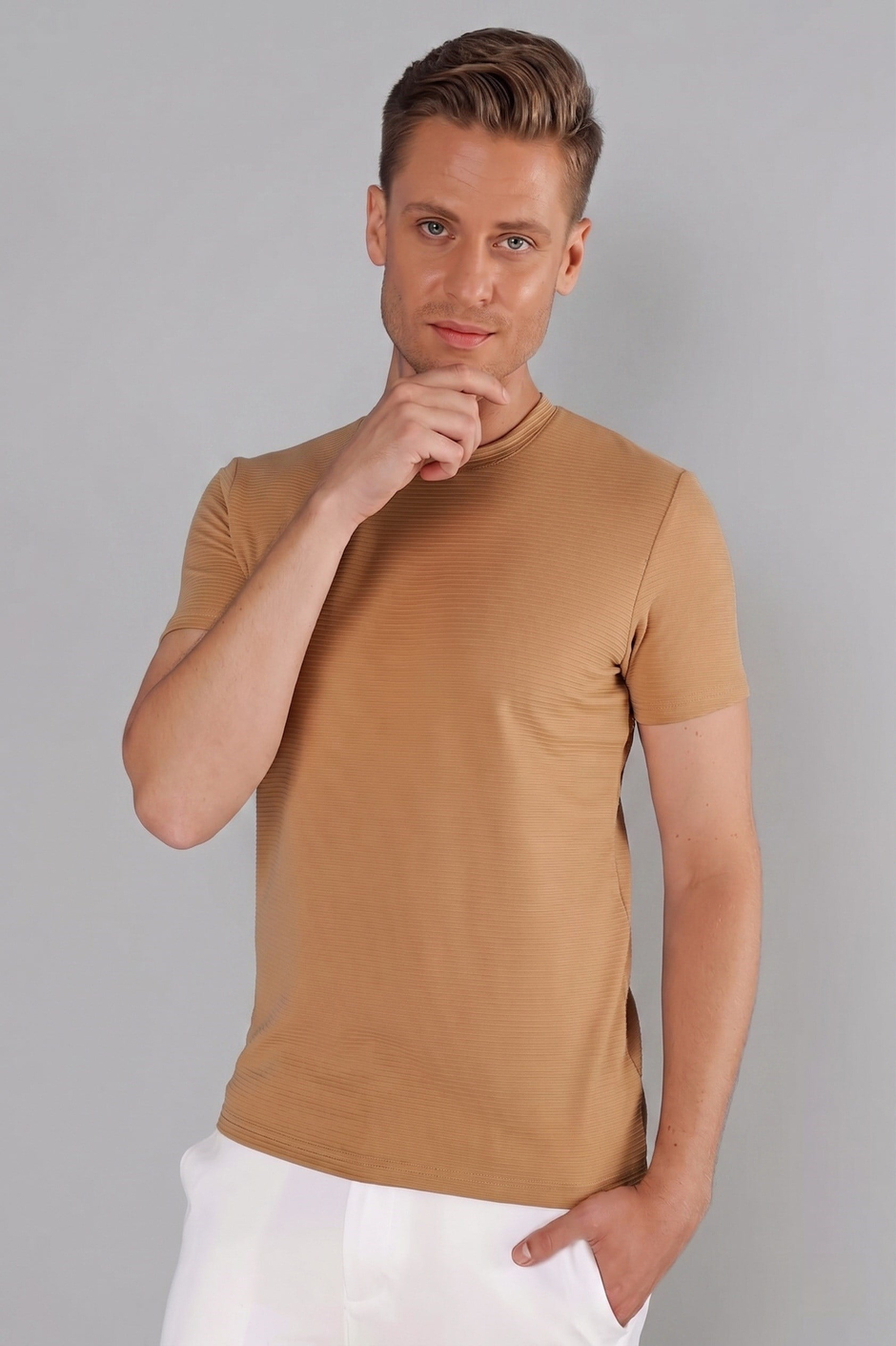 Slim Fit Bisiklet Yaka Doku Desenli Pamuklu Bej Tişört TS 852