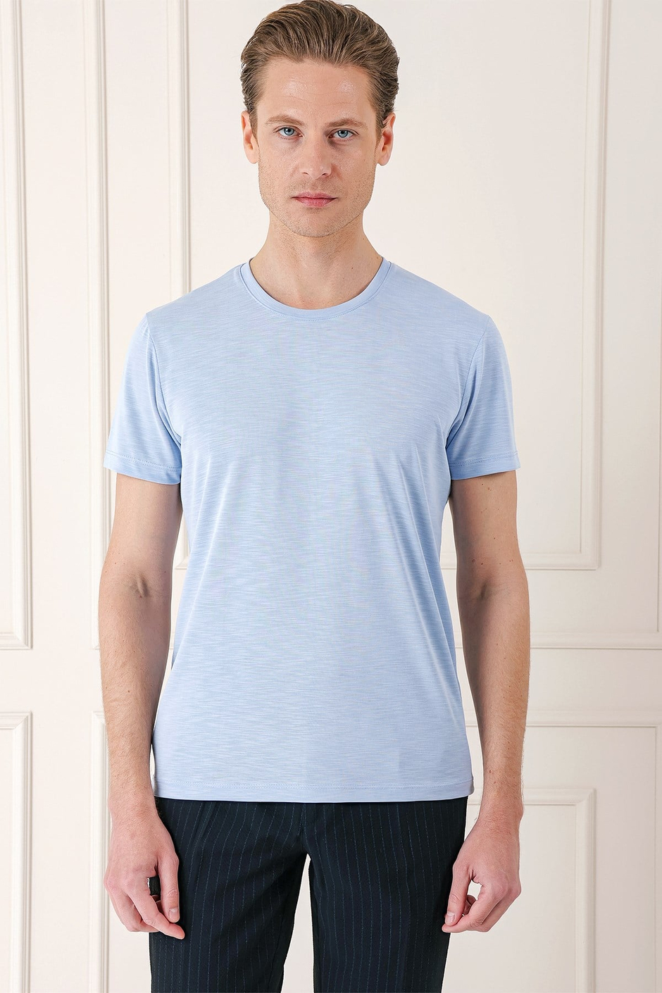 Slim Fit Bisiklet Yaka Doku Desenli Pamuklu Mavi Tişört Ts 881