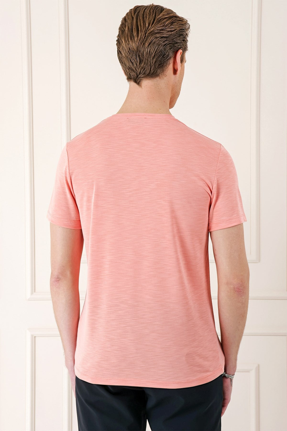 Slim Fit Bisiklet Yaka Doku Desenli Pamuklu Mercan Tişört Ts 881