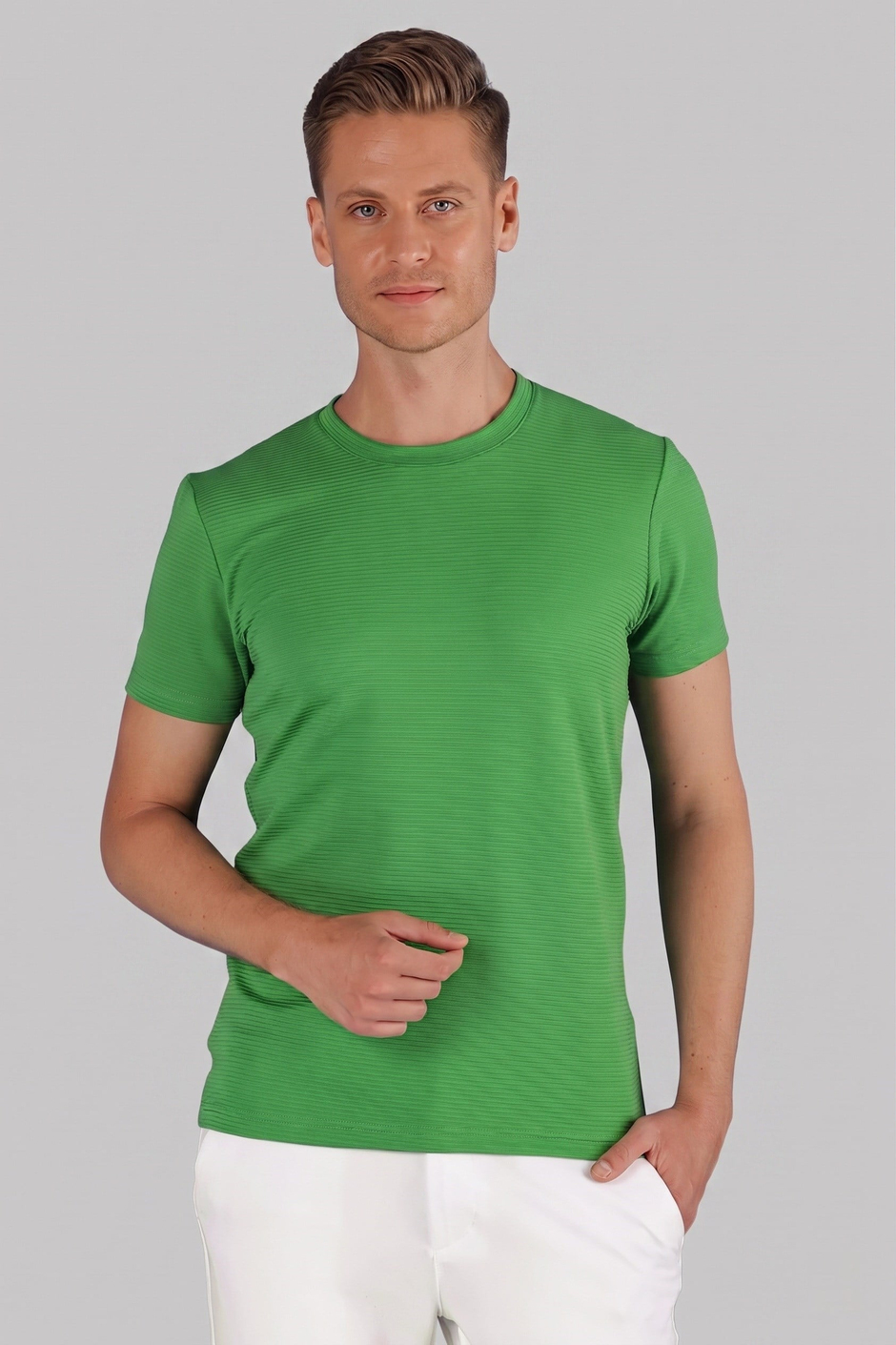 Slim Fit Bisiklet Yaka Doku Desenli Pamuklu Yeşil Tişört TS 852