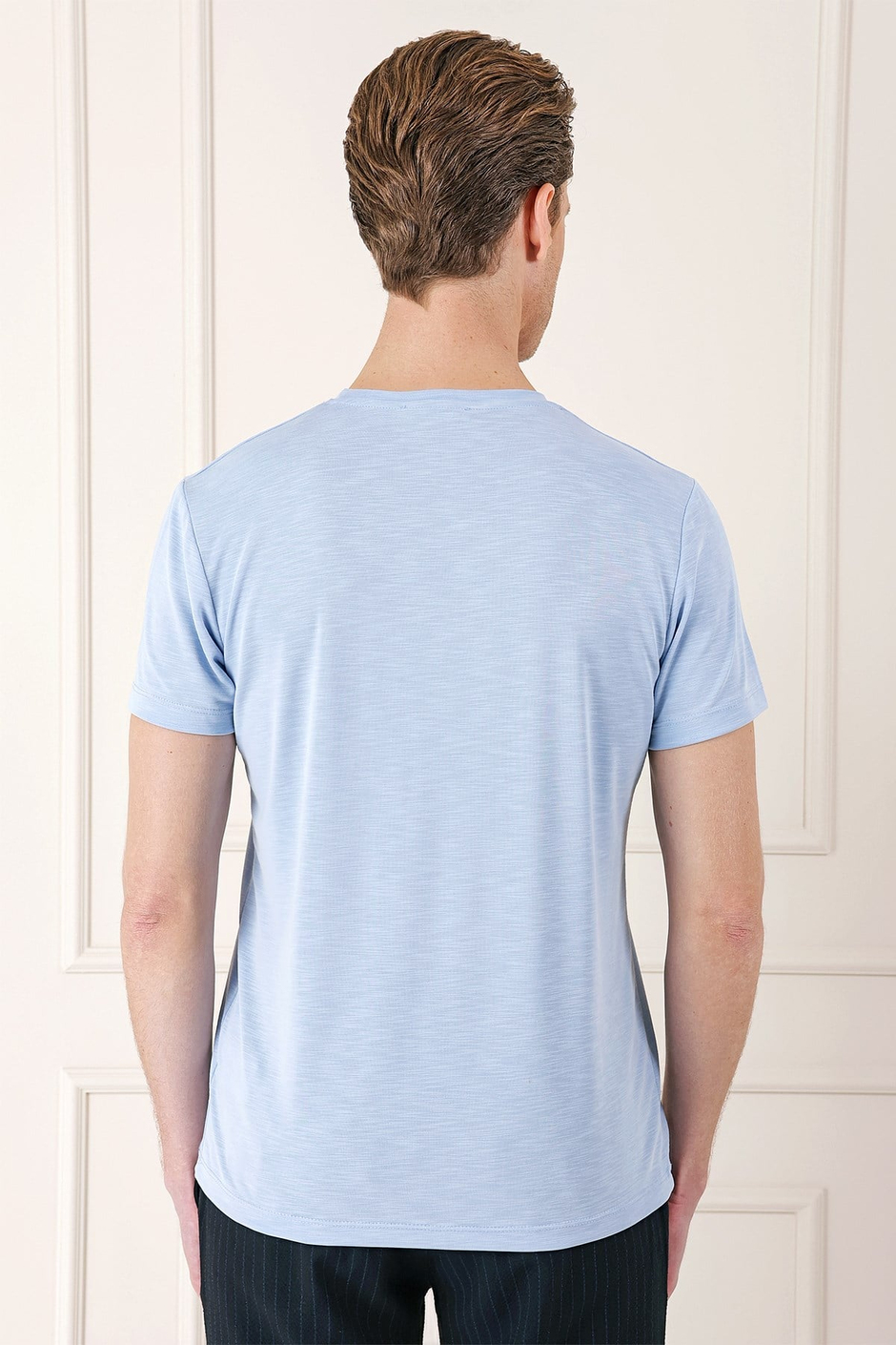 Slim Fit Bisiklet Yaka Doku Desenli Pamuklu Mavi Tişört Ts 881