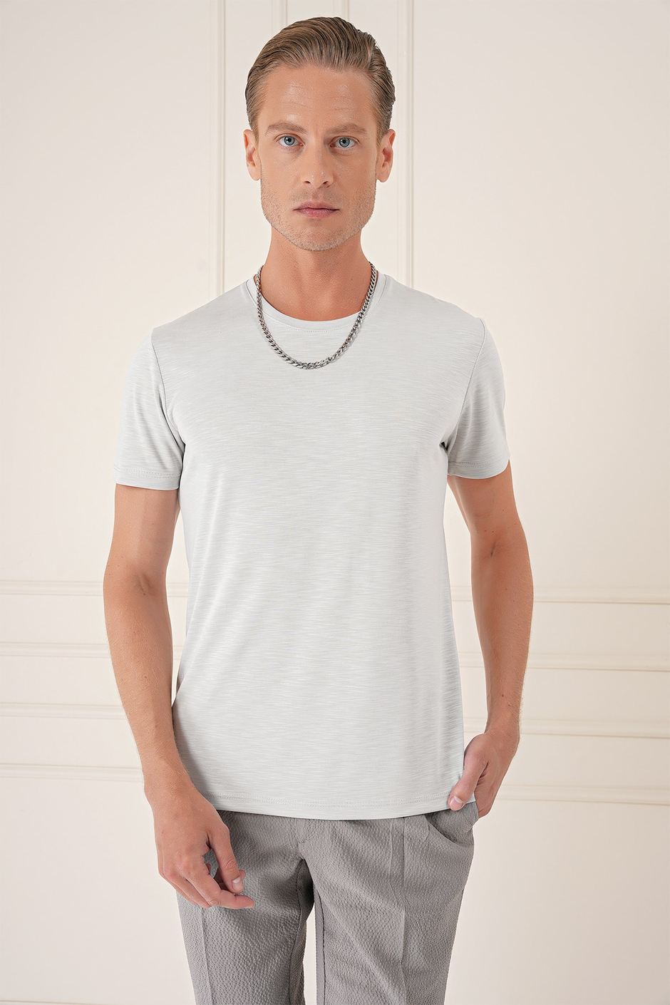 Slim Fit Bisiklet Yaka Doku Desenli Pamuklu Açık Gri Tişört Ts 881