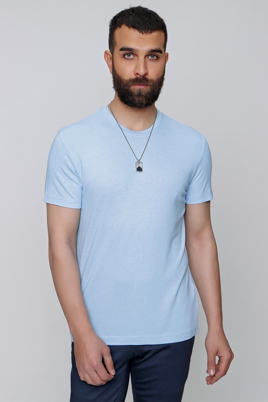 Slim Fit Bisiklet Yaka Esnek Pamuklu Düz Mavi Tişört TS 823