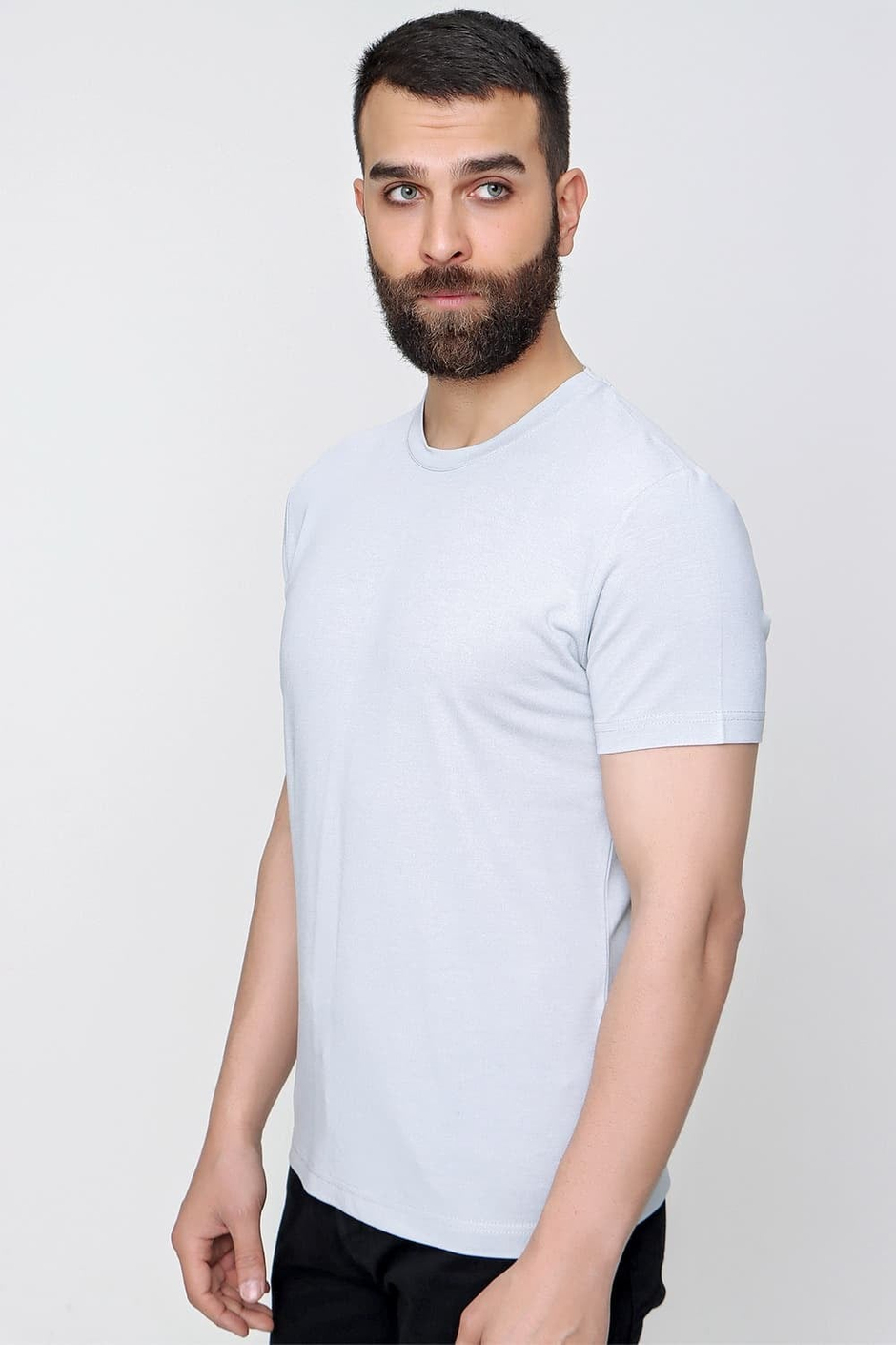 Slim Fit Bisiklet Yaka Esnek Pamuklu Düz Gri Tişört TS 823