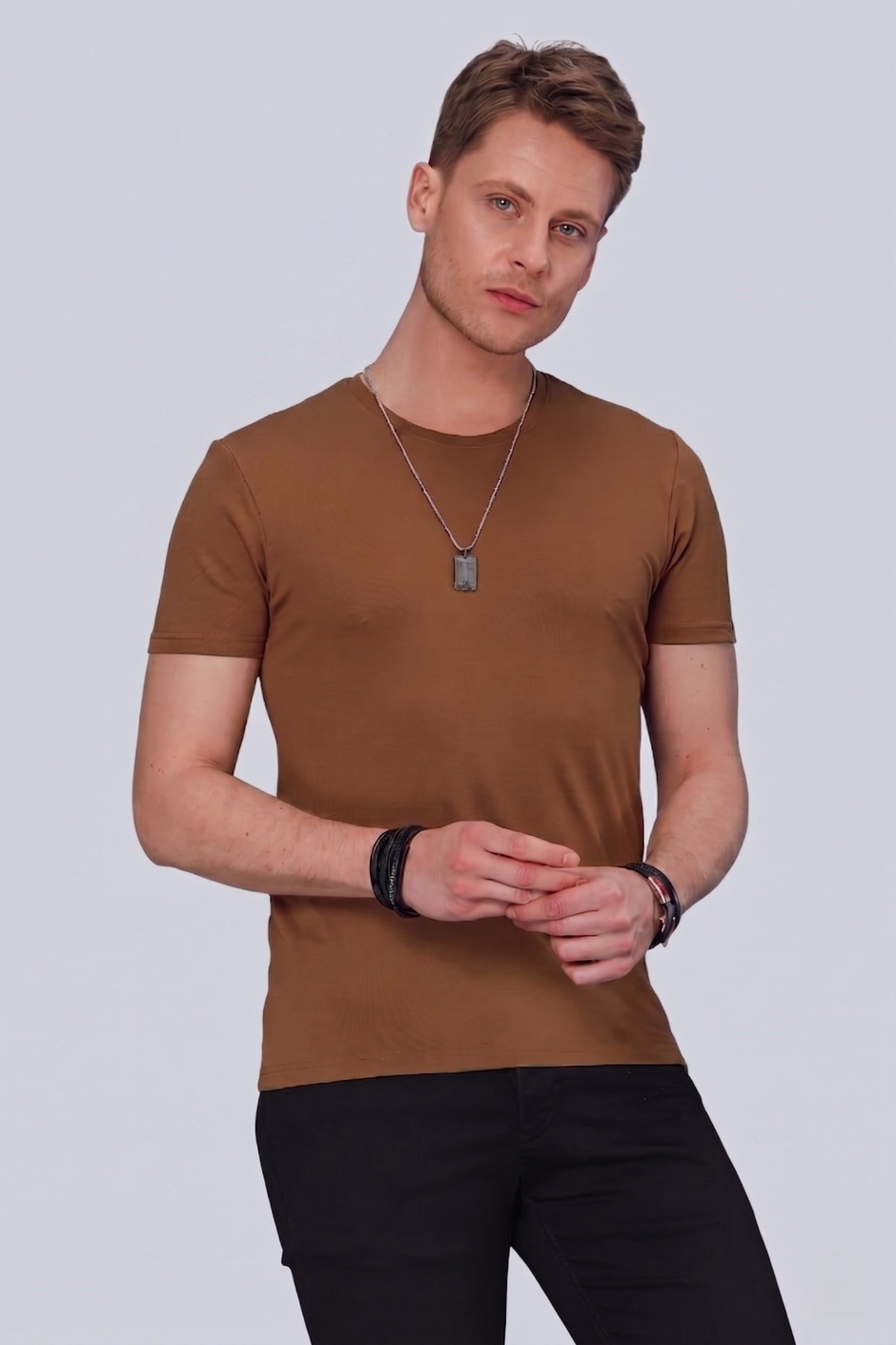 Slim Fit Bisiklet Yaka Esnek Pamuklu Düz Tarçın Tişört TS 823