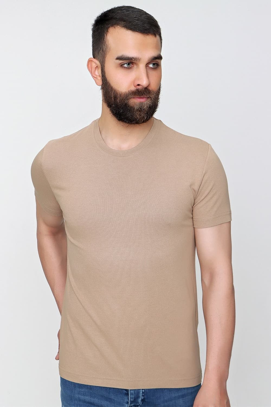 Slim Fit Bisiklet Yaka Esnek Pamuklu Düz Bej Tişört TS 823