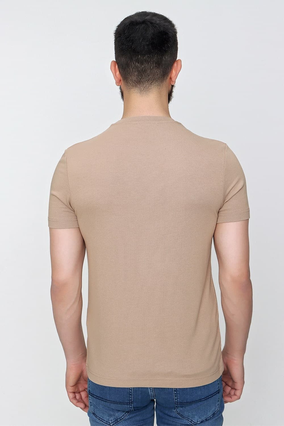 Slim Fit Bisiklet Yaka Esnek Pamuklu Düz Bej Tişört TS 823