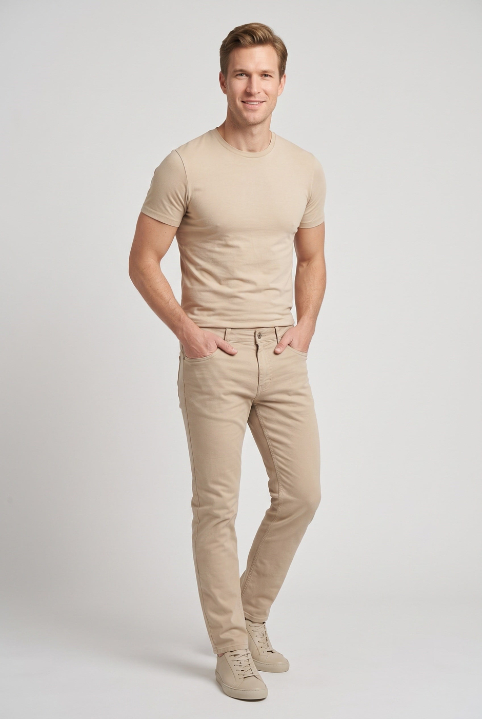 Slim Fit Bisiklet Yaka Esnek Pamuklu Düz Bej Tişört TS 823