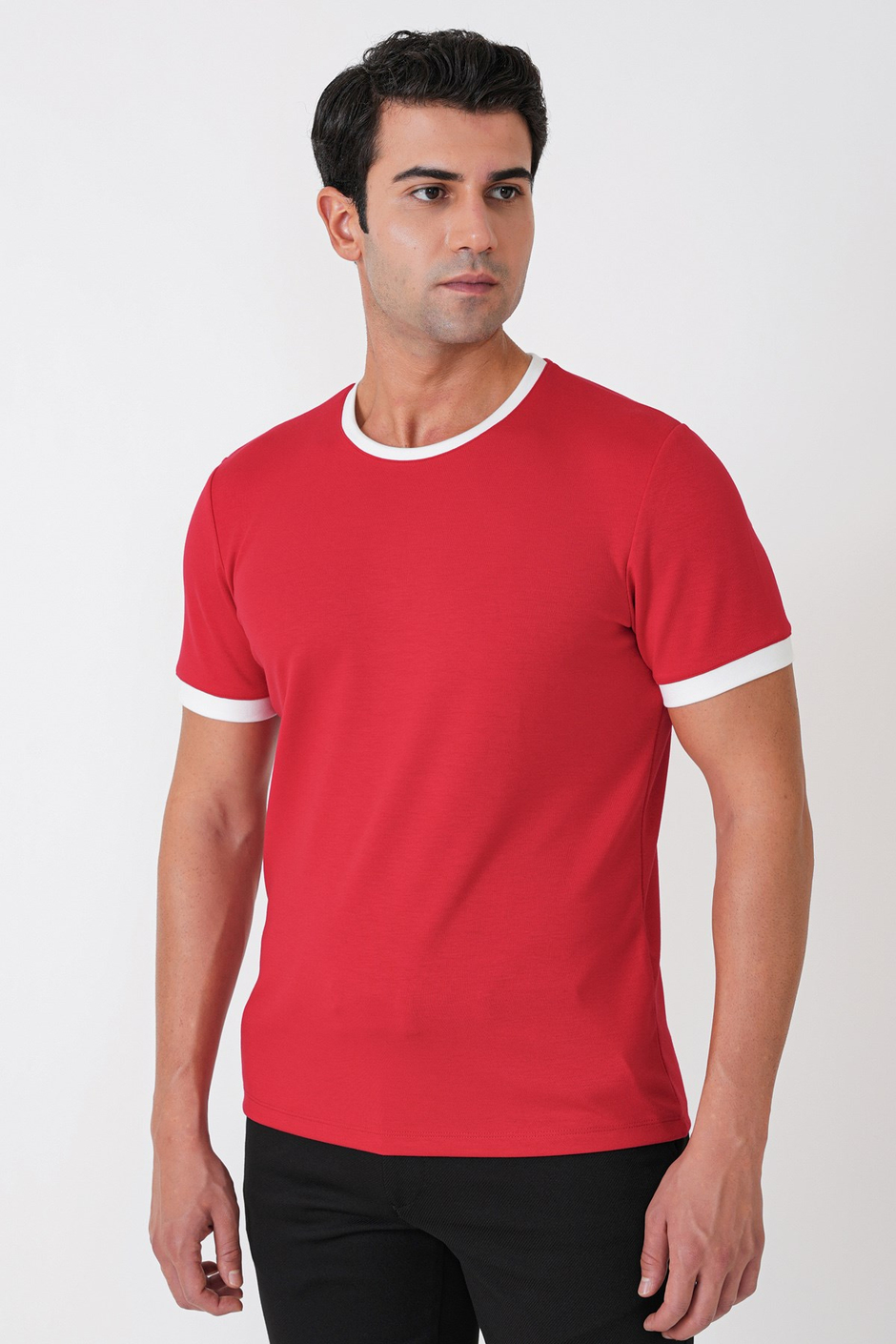 Slim Fit Bisiklet Yaka Kırmızı-Ekru Tişört TS 932