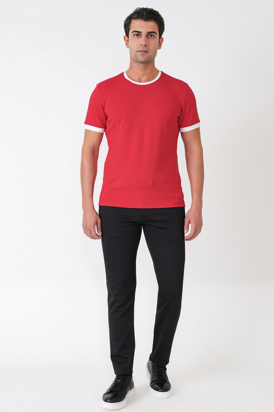 Slim Fit Bisiklet Yaka Kırmızı-Ekru Tişört TS 932