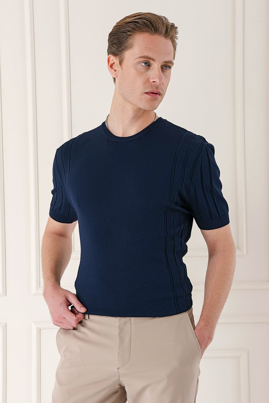 Slim Fit Bisiklet Yaka Kısa Kol Lacivert Triko Tr 869