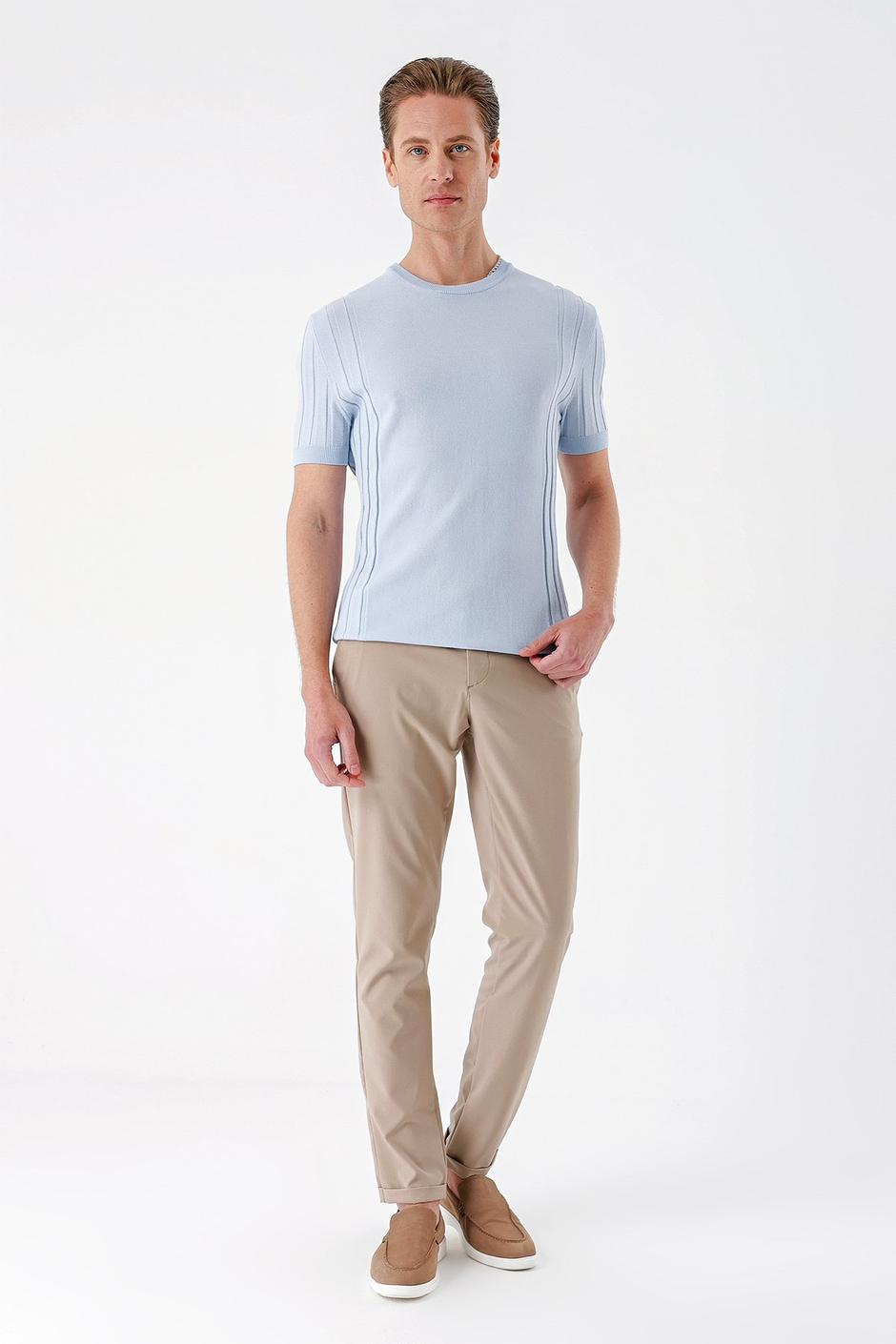 Slim Fit Bisiklet Yaka Kısa Kol Mavi Triko Tr 869