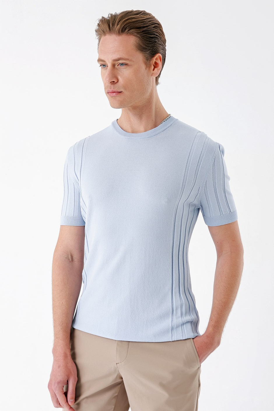 Slim Fit Bisiklet Yaka Kısa Kol Mavi Triko Tr 869