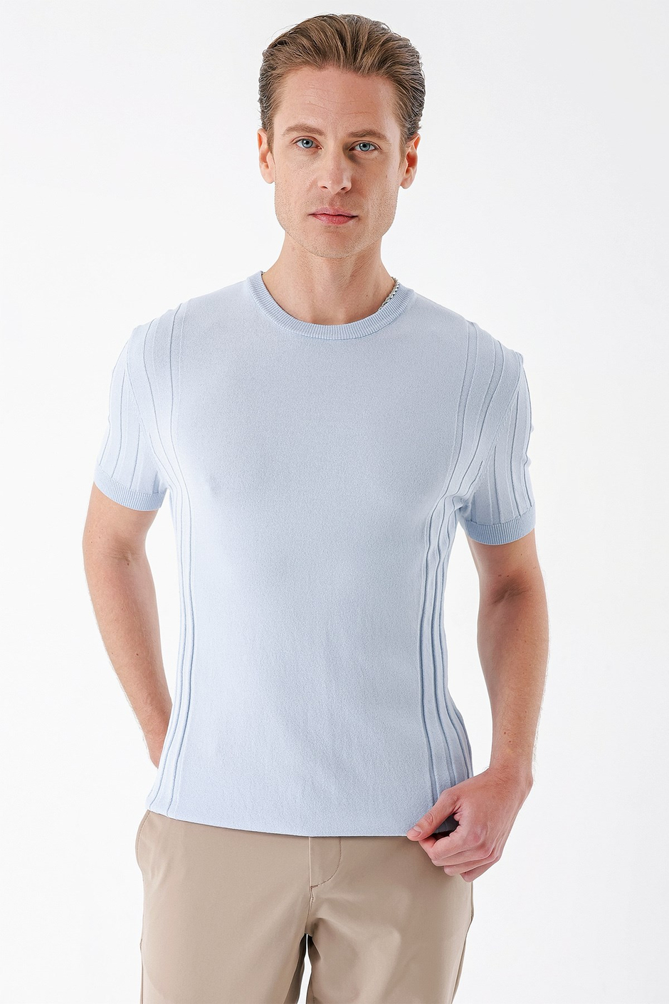 Slim Fit Bisiklet Yaka Kısa Kol Mavi Triko Tr 869