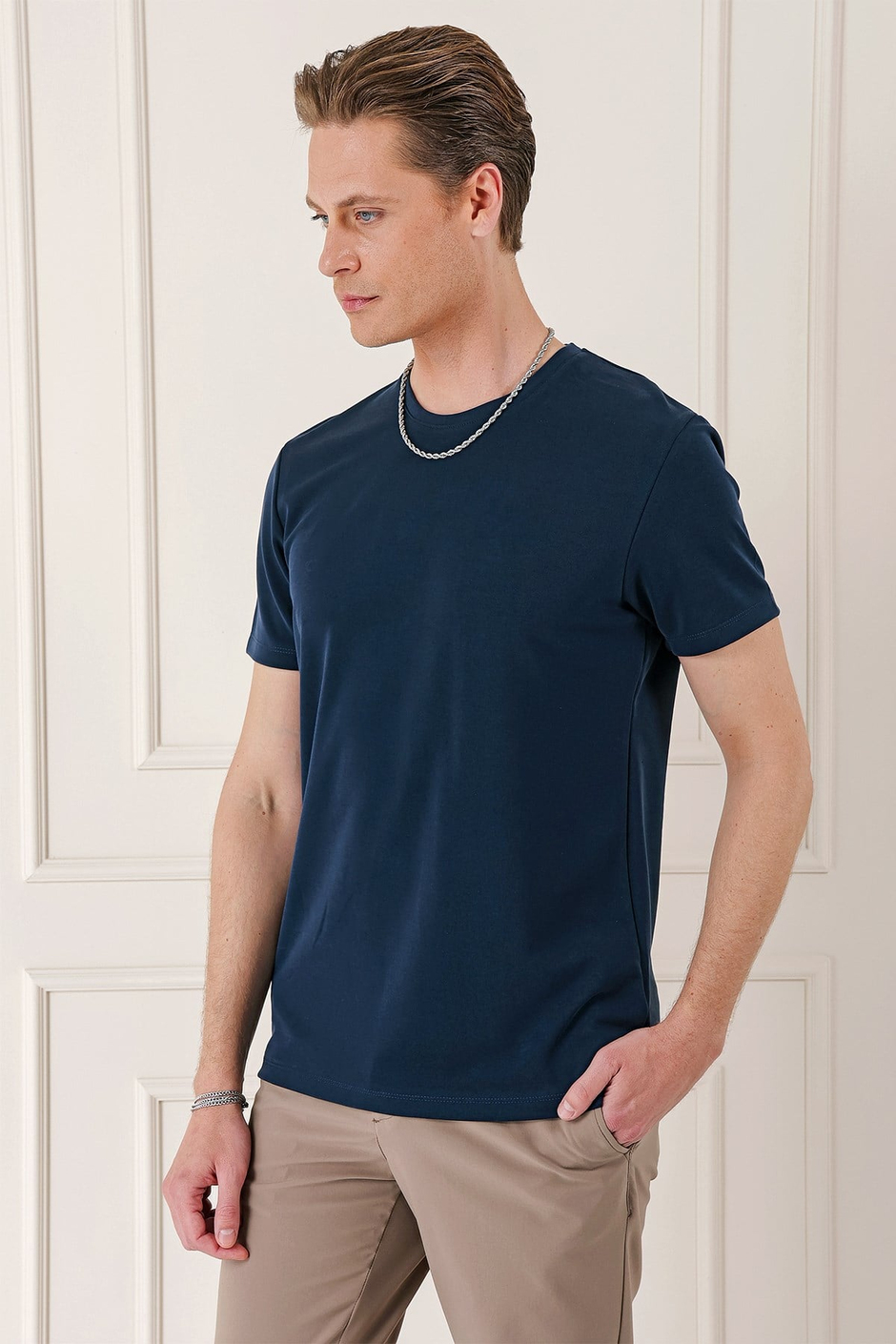 Slim Fit Bisiklet Yaka Pamuklu Lacivert Tişört Ts 880