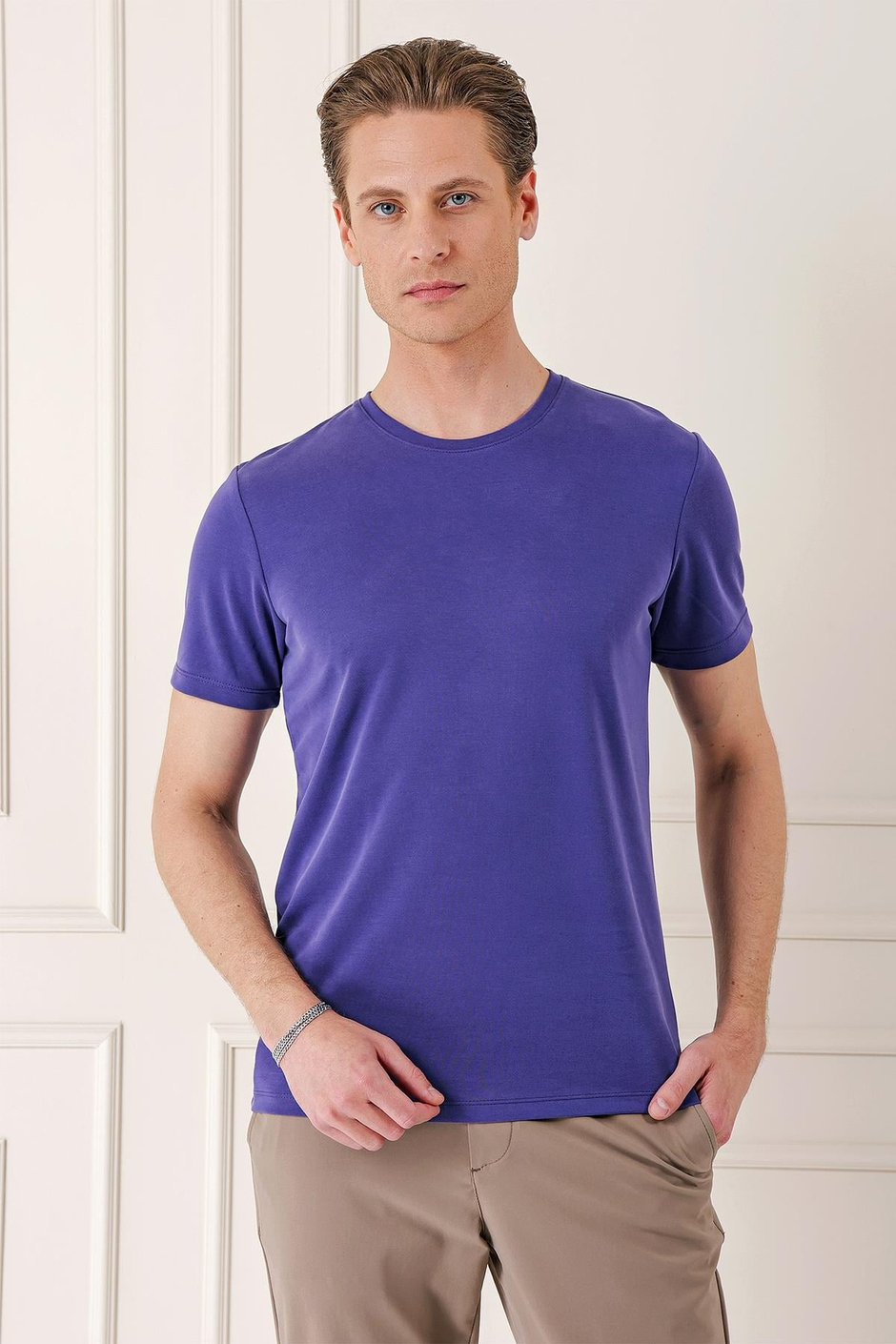 Slim Fit Bisiklet Yaka Pamuklu Mor Tişört Ts 880