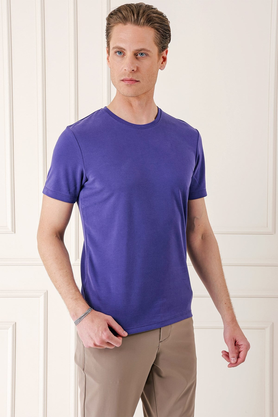 Slim Fit Bisiklet Yaka Pamuklu Mor Tişört Ts 880