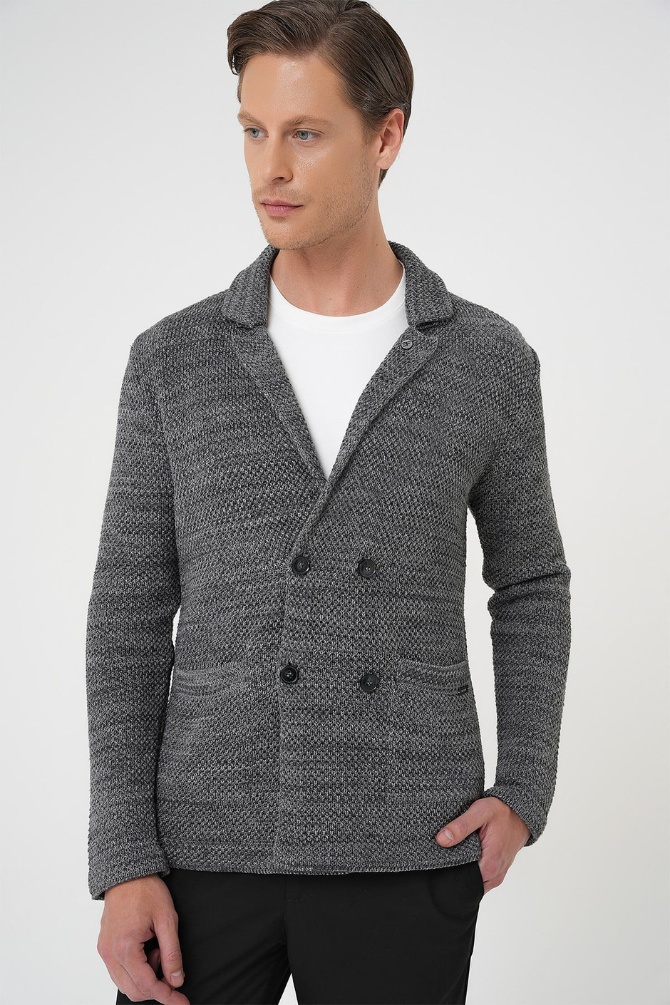 Slim Fit Ceket Yaka Torba Cep Kruvaze Koyu Gri Yünlü Örme Triko Ceket 01