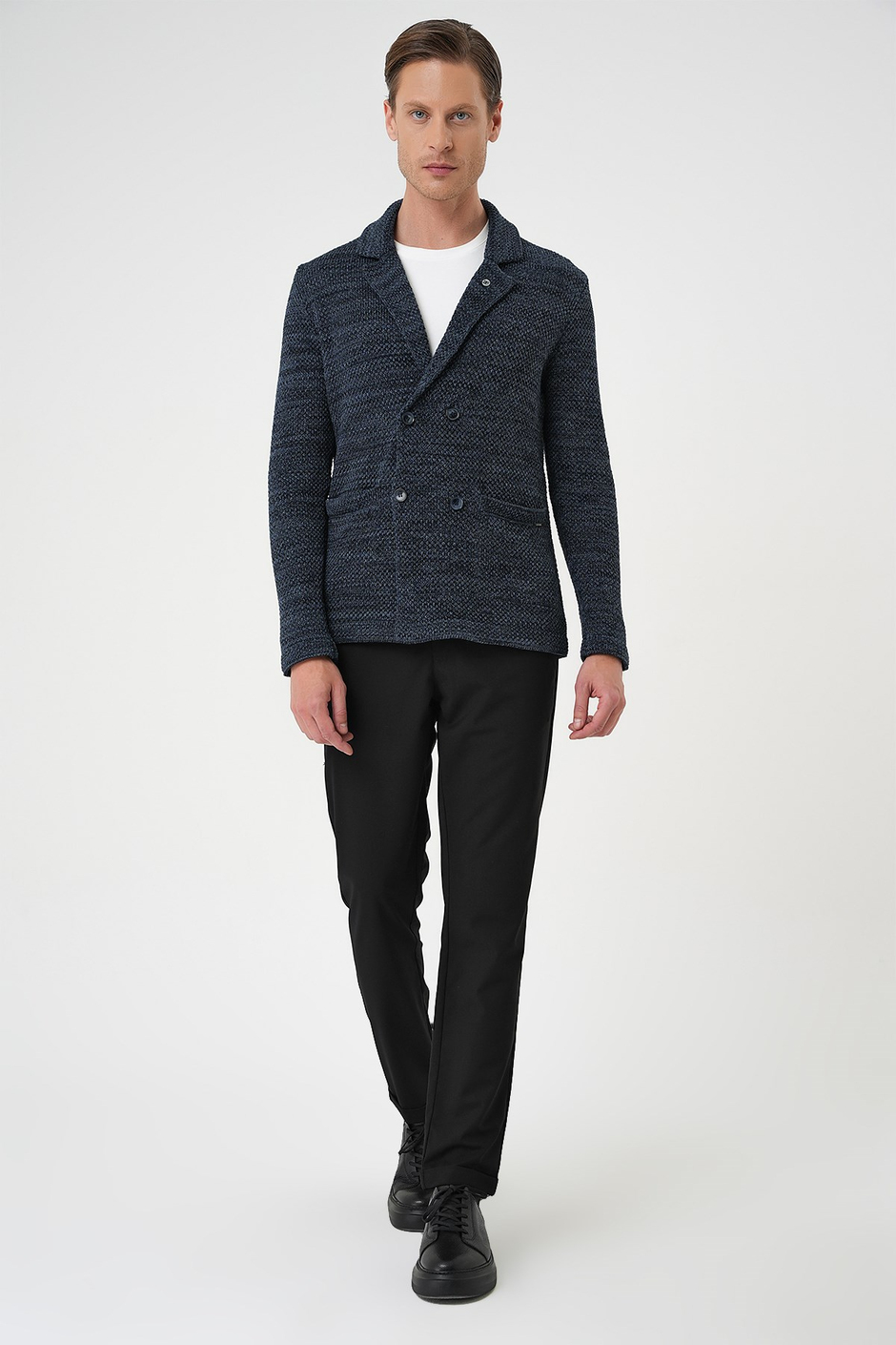 Slim Fit Ceket Yaka Torba Cep Kruvaze Lacivert Yünlü Örme Triko Ceket 01
