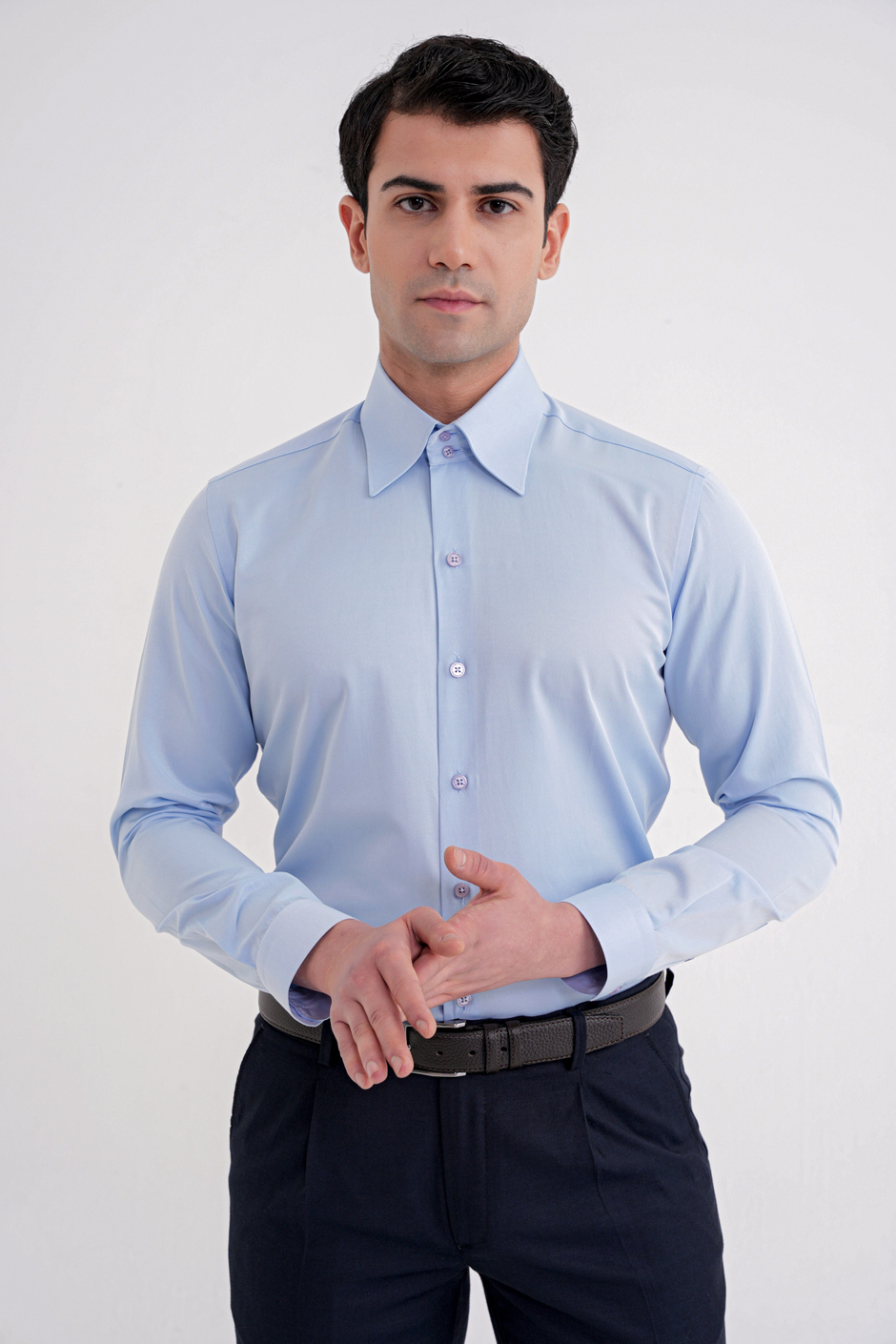 Slim Fit Çift Düğmeli Yüksek Yaka Pamuklu Açık Mavi Gömlek GK 742