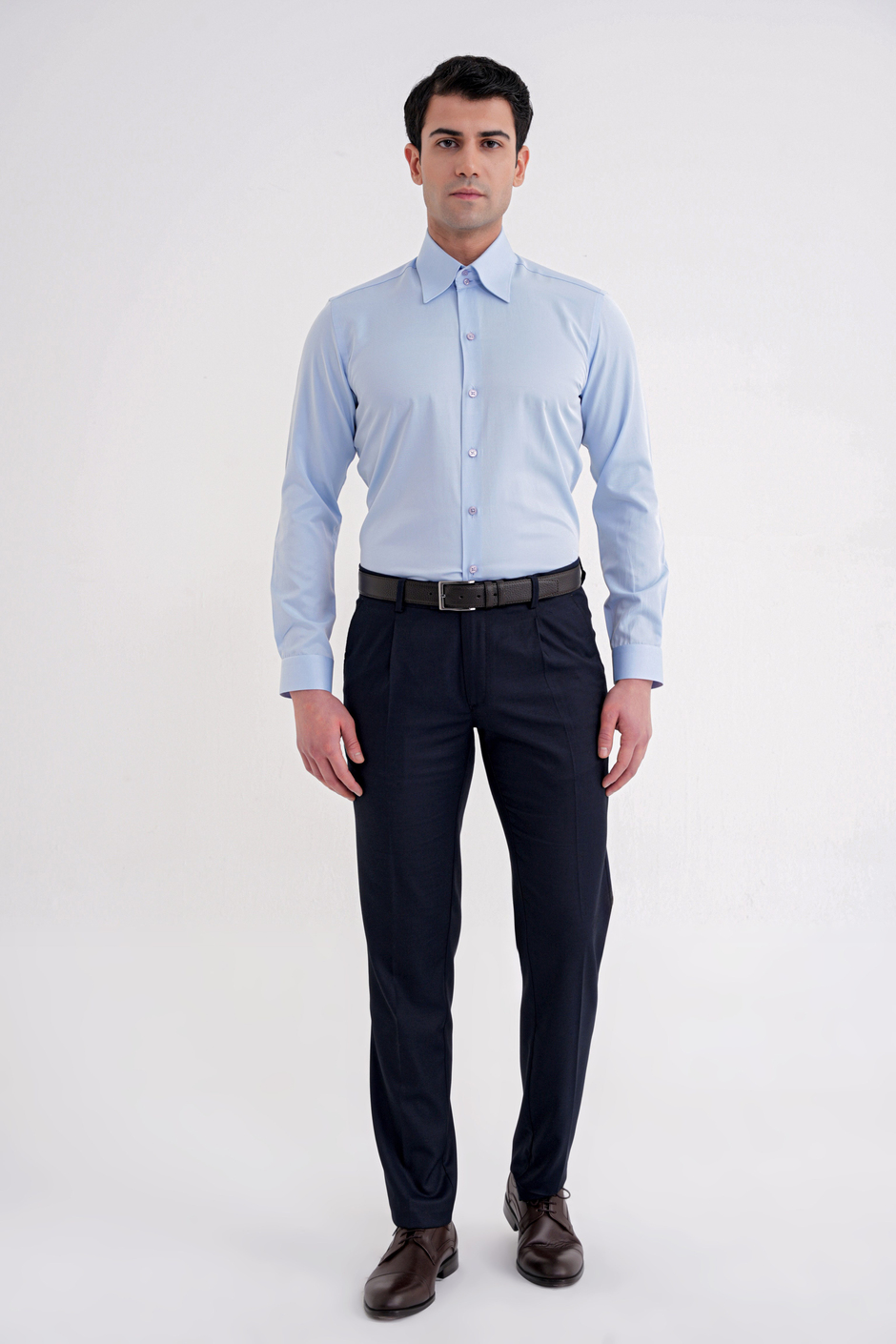 Slim Fit Çift Düğmeli Yüksek Yaka Pamuklu Açık Mavi Gömlek GK 742