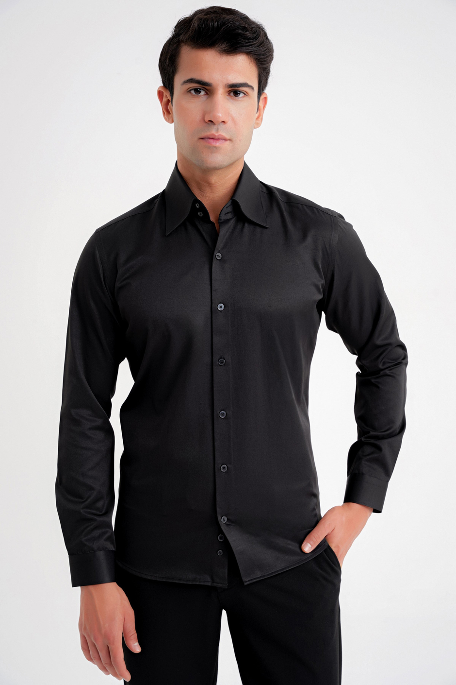 Slim Fit Çift Düğmeli Yüksek Yaka Pamuklu Siyah Gömlek GK 742
