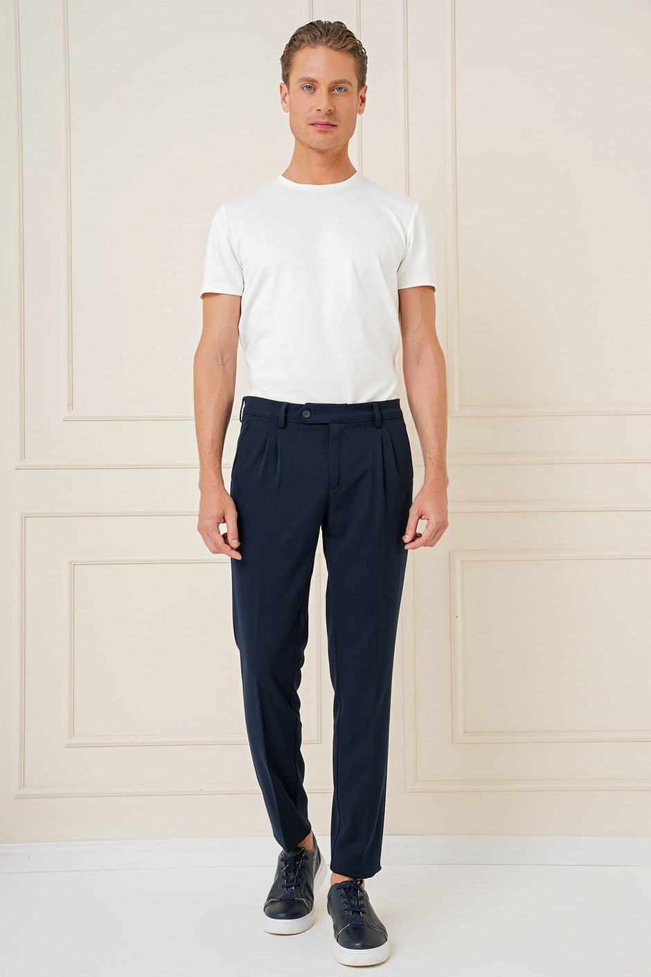 Slim Fit Çift Pileli Yan Cep Esnek Pamuk Lacivert Pantolon P 1164