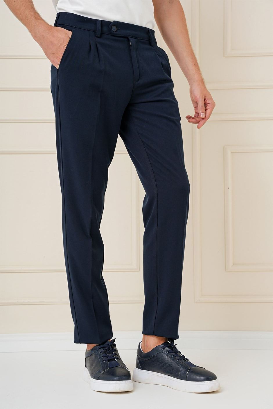 Slim Fit Çift Pileli Yan Cep Esnek Pamuk Lacivert Pantolon P 1164
