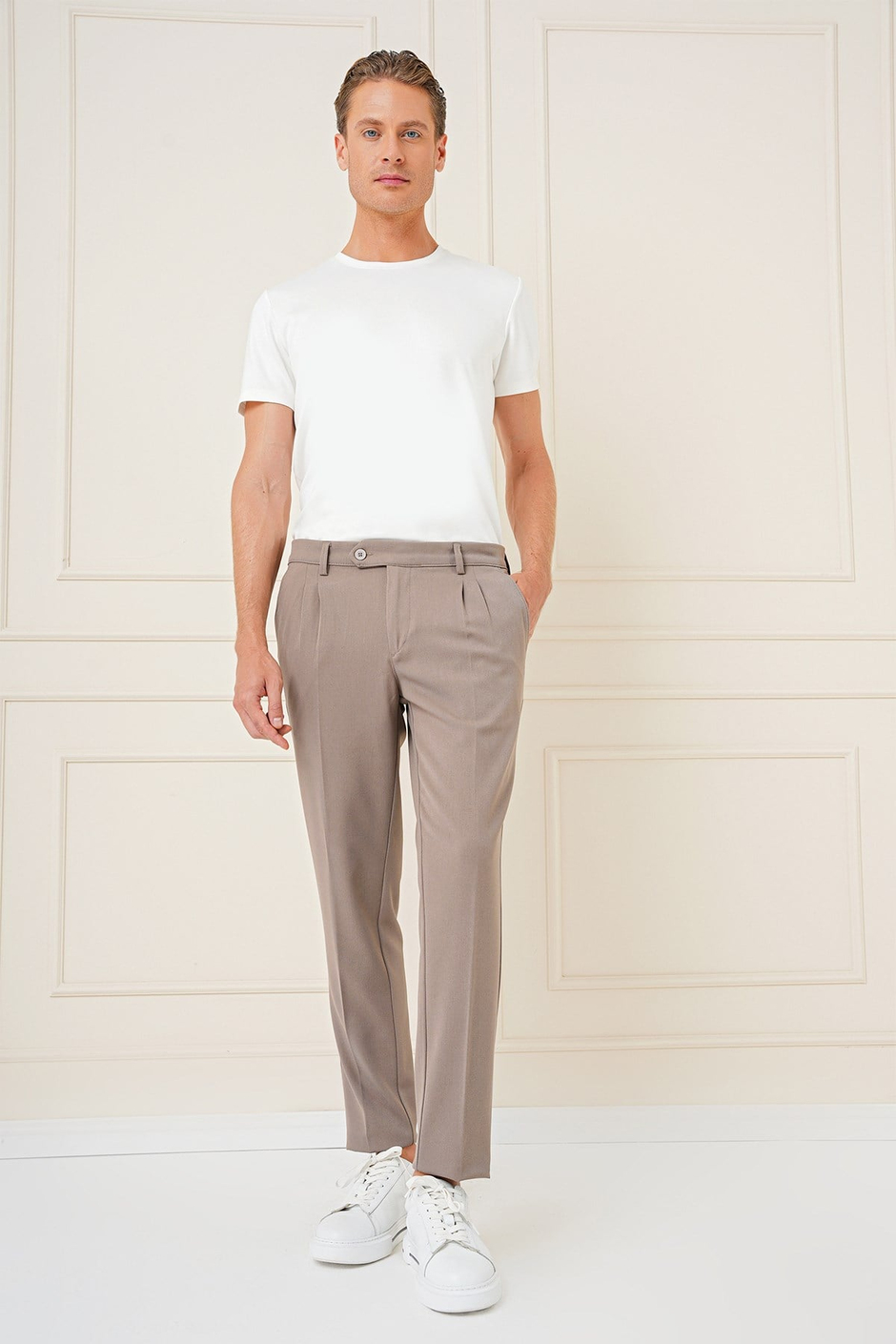 Slim Fit Çift Pileli Yan Cep Esnek Pamuk Bej Pantolon P 1164