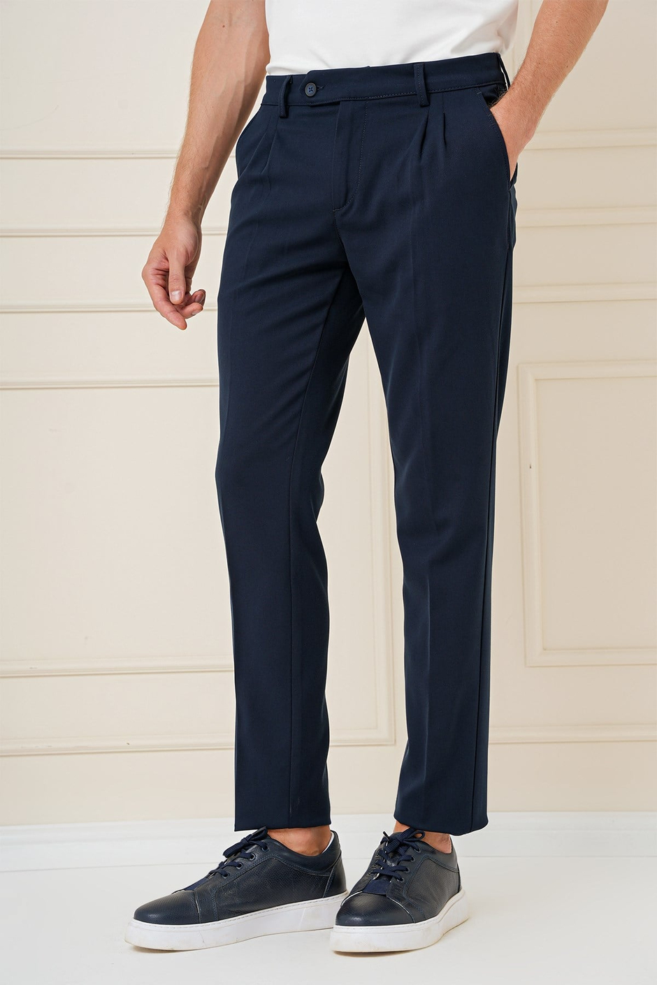 Slim Fit Çift Pileli Yan Cep Esnek Pamuk Lacivert Pantolon P 1164
