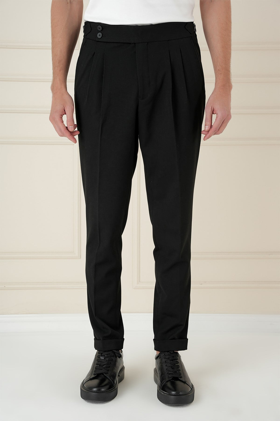 Slim Fit Çift Pileli Yanlardan Tokalı Esnek Pamuk Siyah Pantolon P 1167